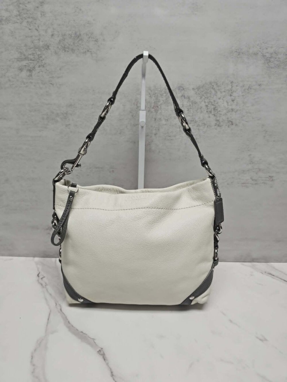 Coach Carly Y2K Bone Pebbled Leather Hobo Bag With Grey Trim